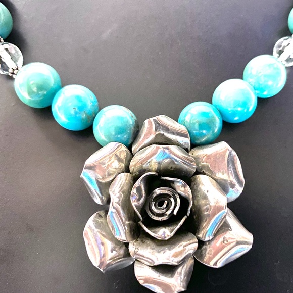 Sterling Silver Flower & Turquoise Beaded Necklace - Picture 7 of 9